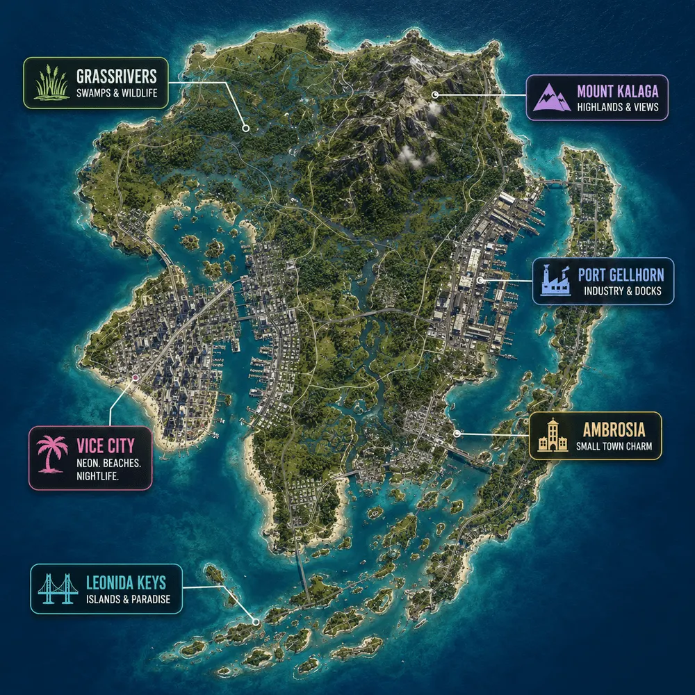 GTA 6-kort over Leonida: Vice City, Port Gellhorn, Mount Kalaga, Grassrivers, Ambrosia og Leonida Keys